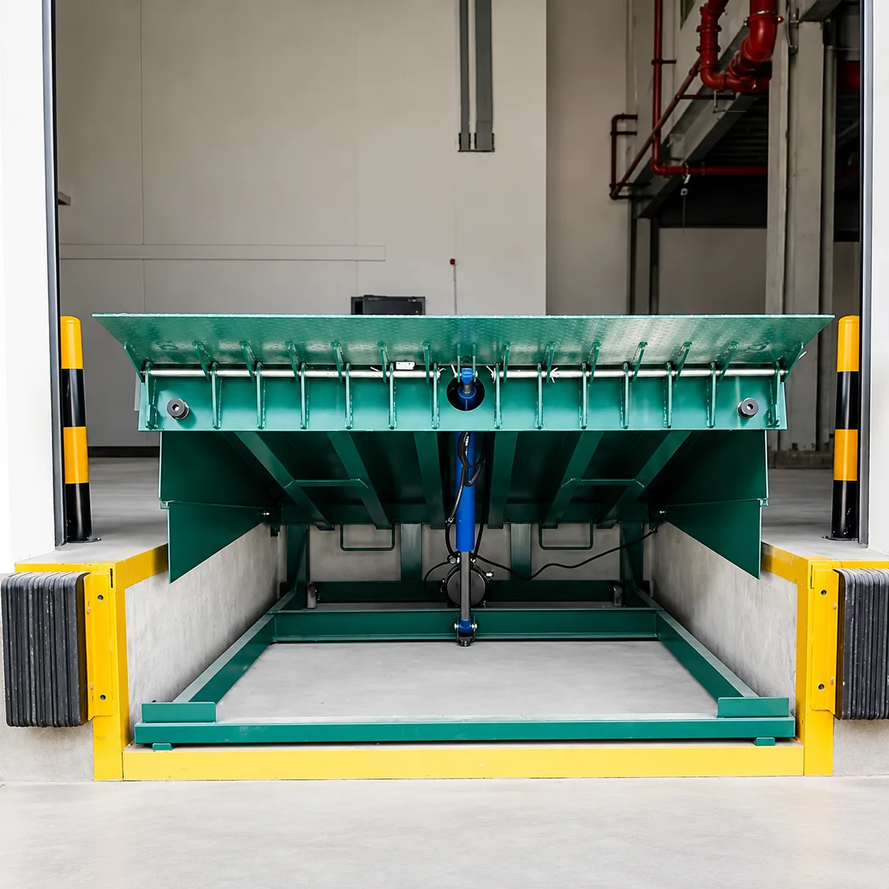Hydraulic dock leveler platform installed in a loading bay pit.