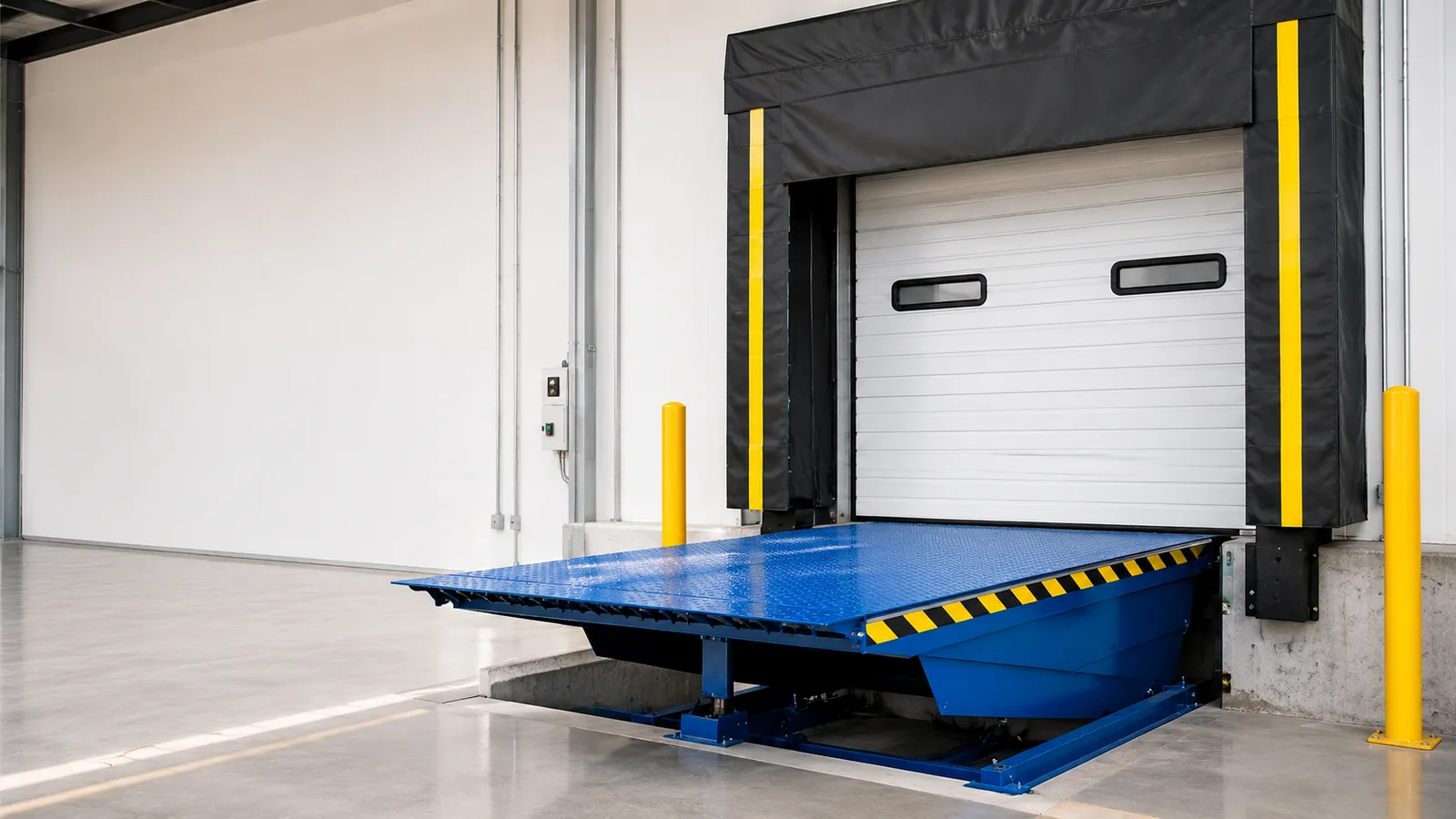Installed loading dock leveler in a warehouse or distribution facility.