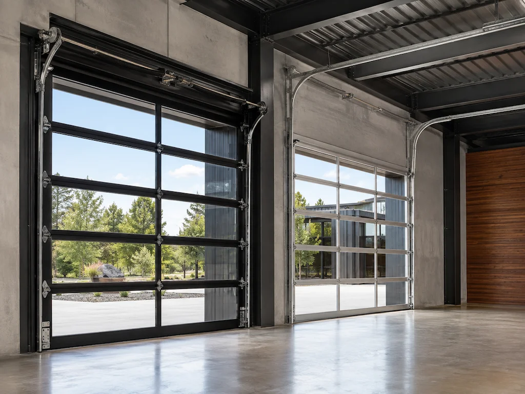 Full view sectional doors on a commercial exterior at dusk.