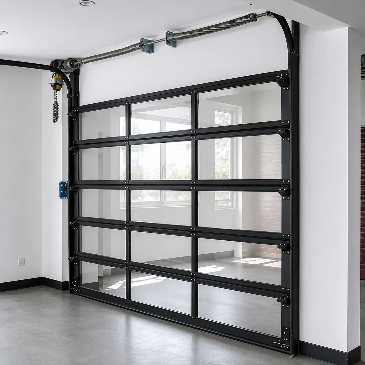 Interior view of a glazed full view sectional door and track hardware.