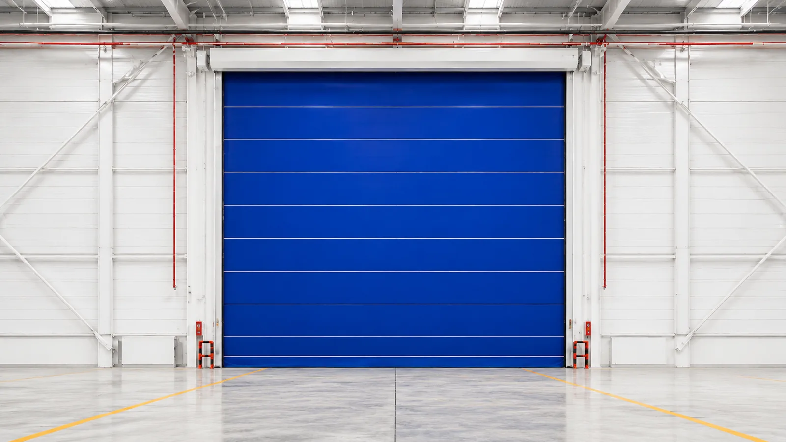 Blue aluminum high speed doors in a bright industrial facility.