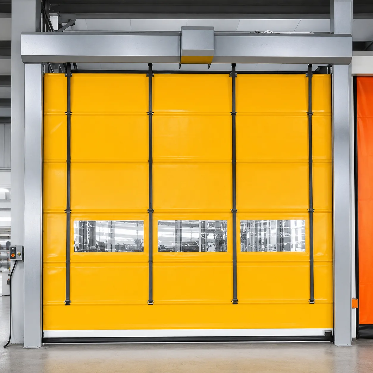 Yellow PVC stacking high speed door with vision panels.