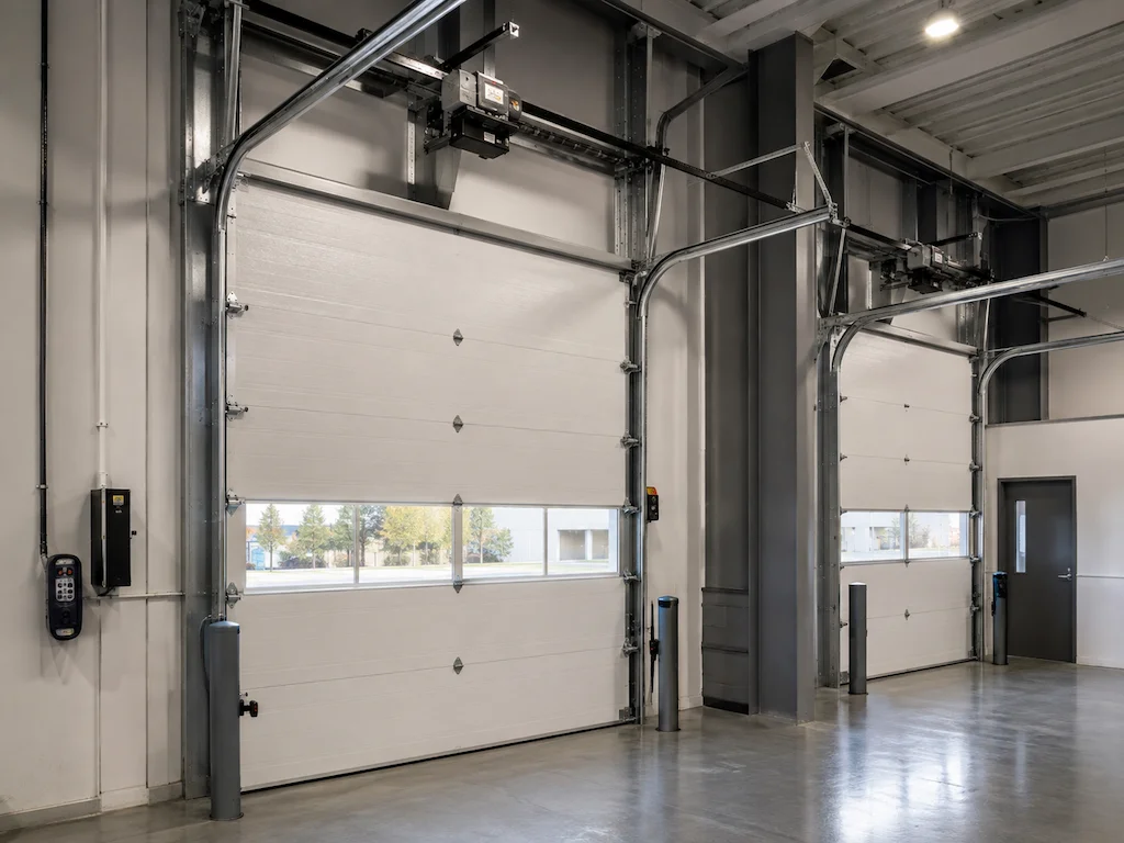 Commercial sectional overhead doors with ceiling-mounted operator systems.