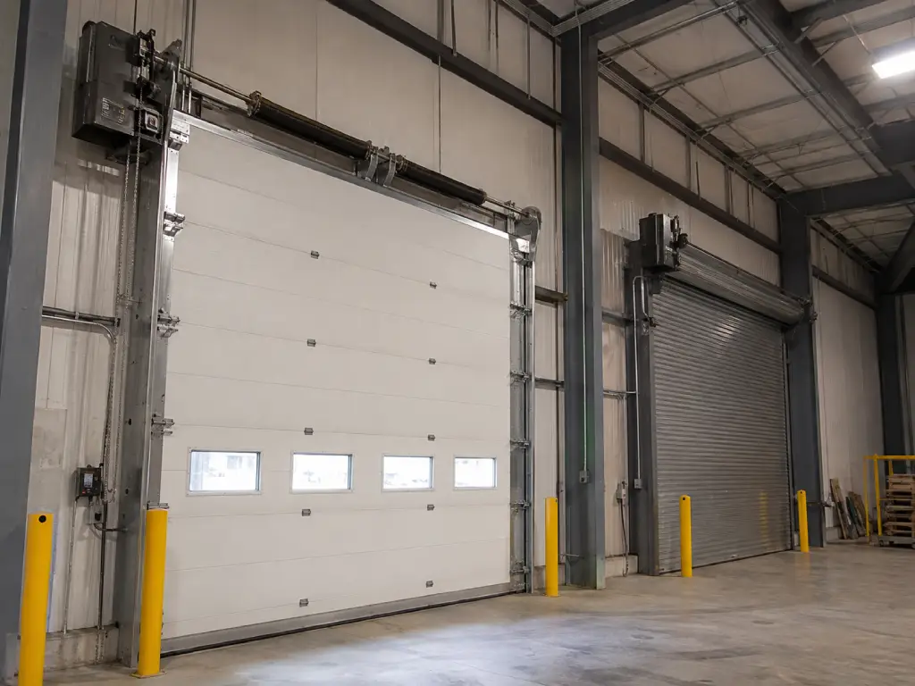 Side-mounted industrial motor on a large commercial overhead door.