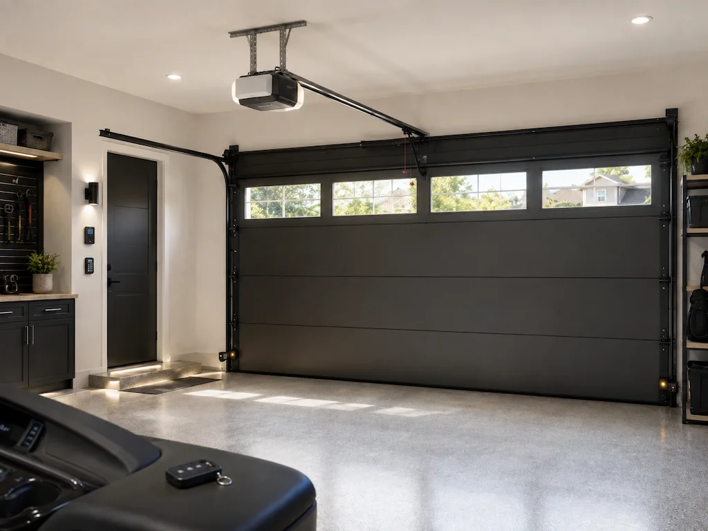 Residential garage door operator mounted above a sectional garage door.