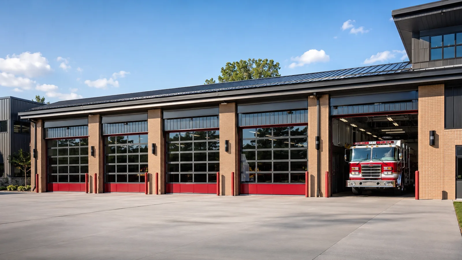 Aluminum full view sectional doors on a commercial fire hall.