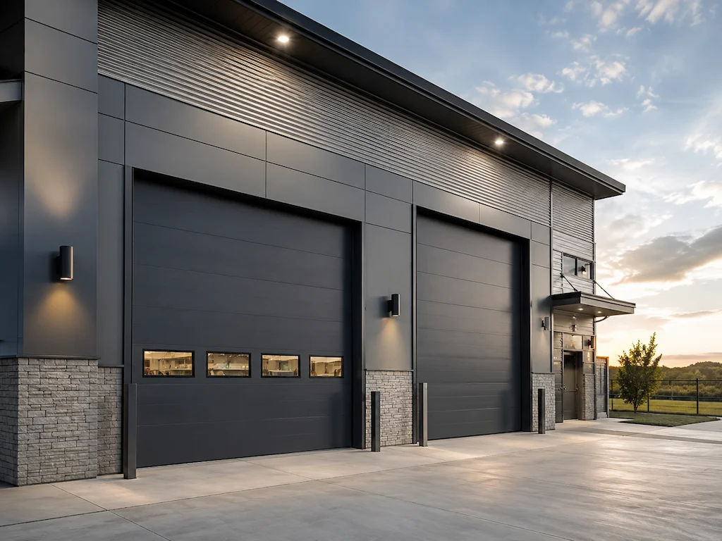 Commercial sectional overhead doors on a modern industrial building.