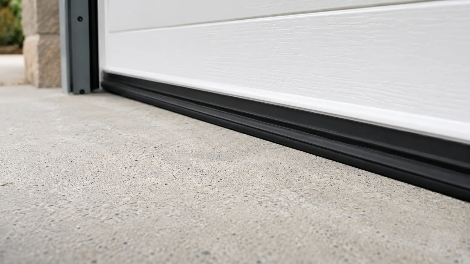 Close-up of an insulated sectional door panel and bottom seal.