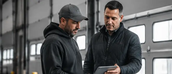 Trade professionals reviewing commercial overhead door details.