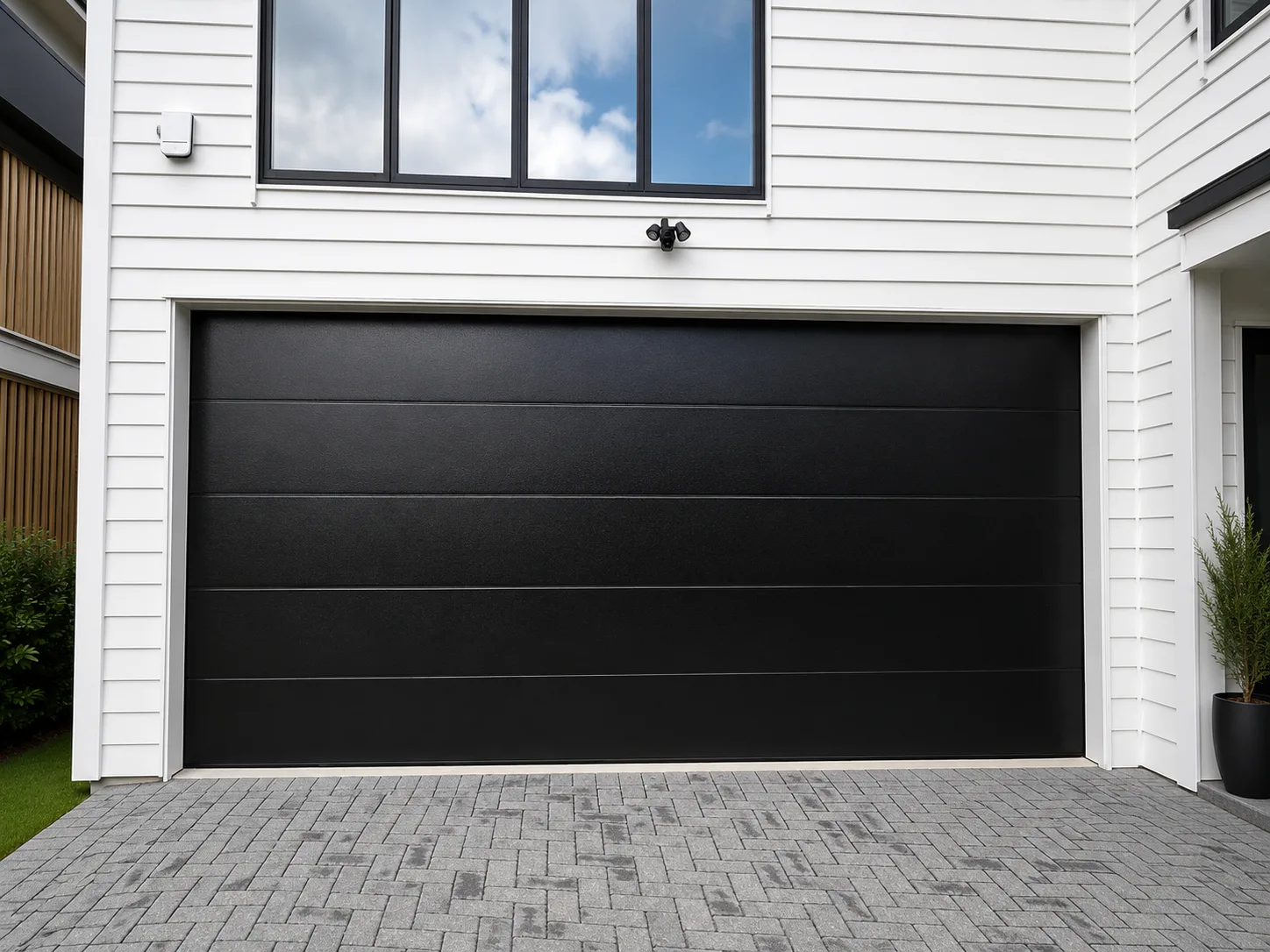 Residential sectional garage door on a Manitoba home.