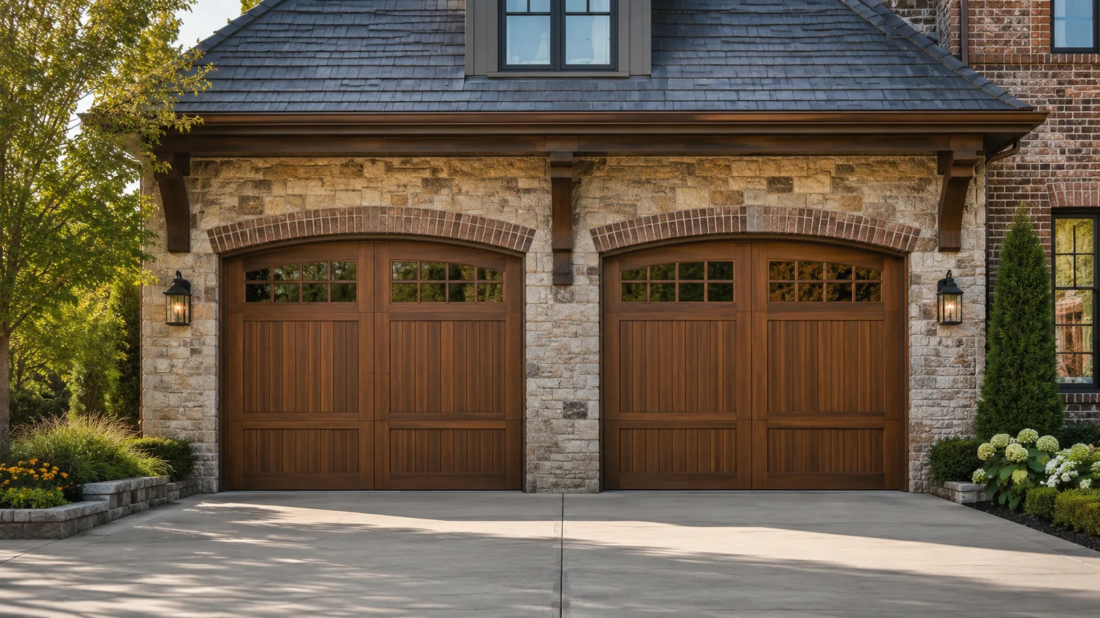 Stone home with carriage-house style residential garage doors.