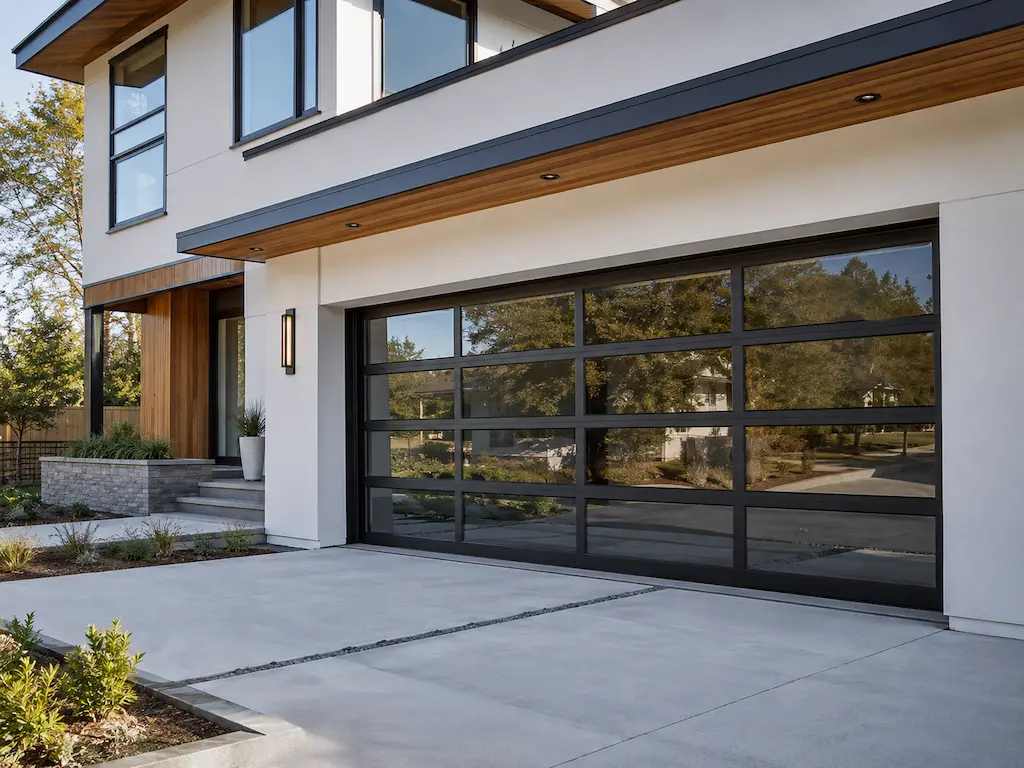 Modern home with a black residential full view glass garage door.