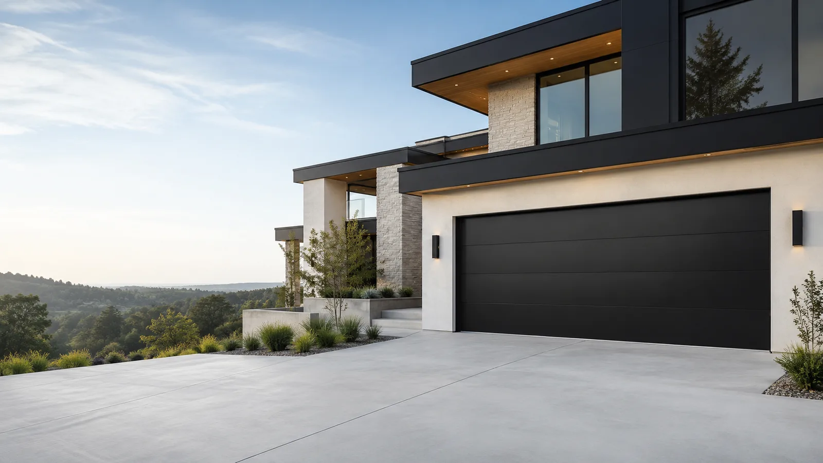 Modern home with a black residential sectional garage door.