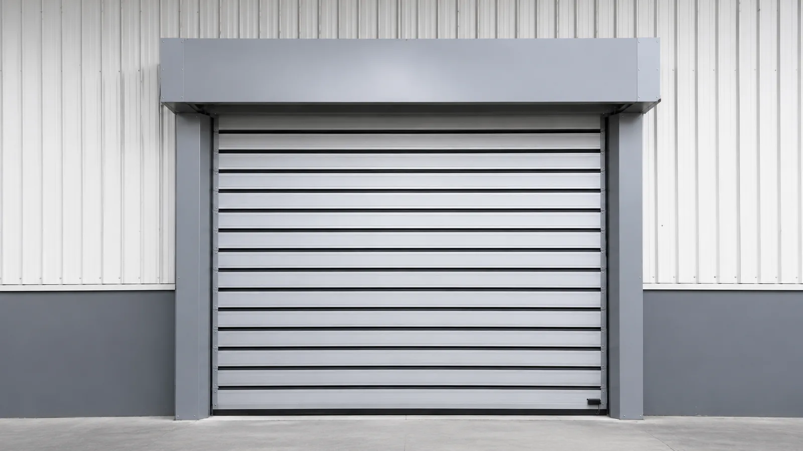 Insulated rolling shutter door on a commercial building.