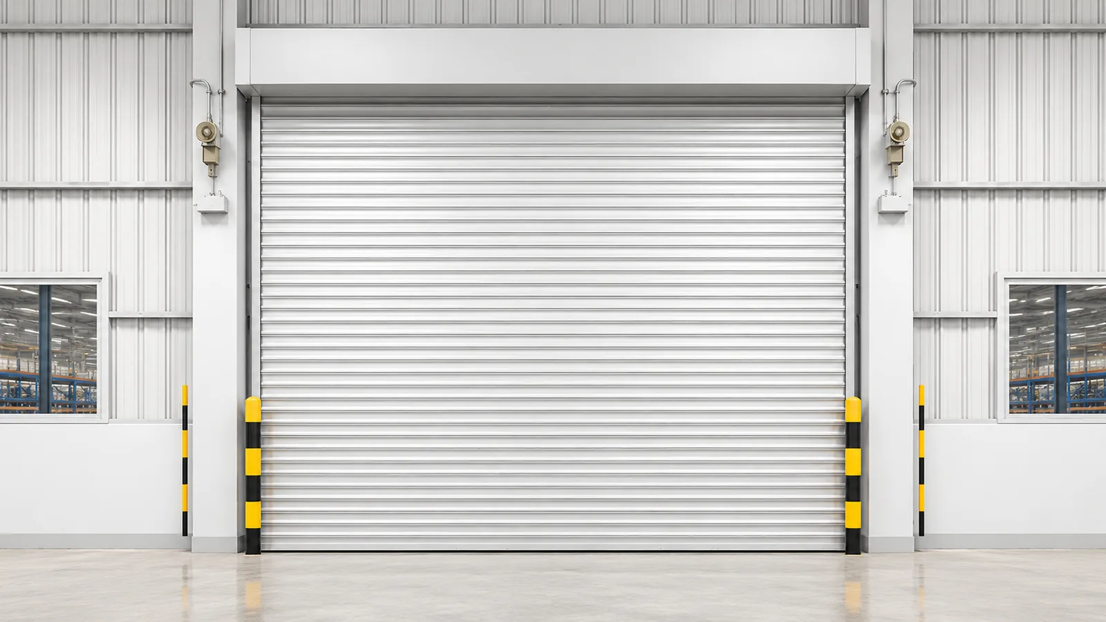 Pair of reinforced rolling steel doors with protective hoods and guides.