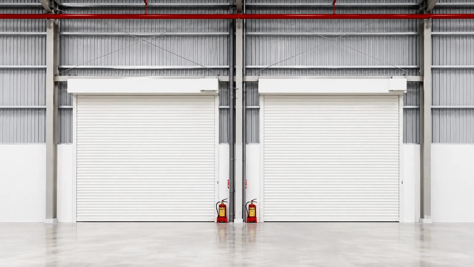 Rolling steel door in a commercial or industrial access opening.